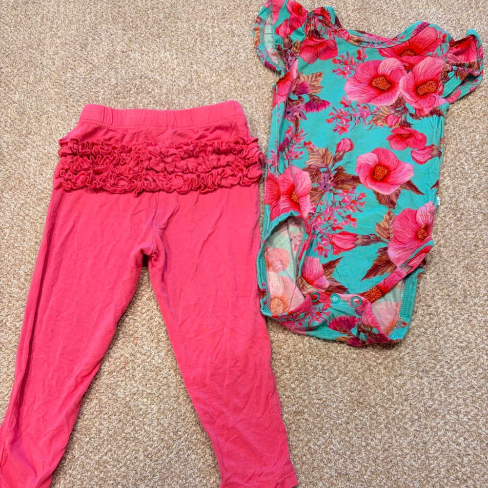 Posh Peanut Floral pink & team Bodysuit with Pink ruffle bottom leggings